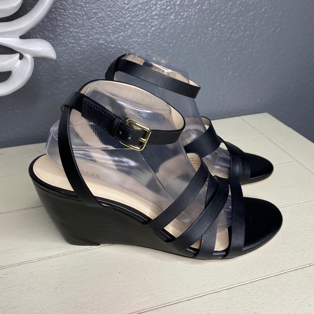 COLE HAAN MARIETA WEDGE SANDAL BLACK LEATHER